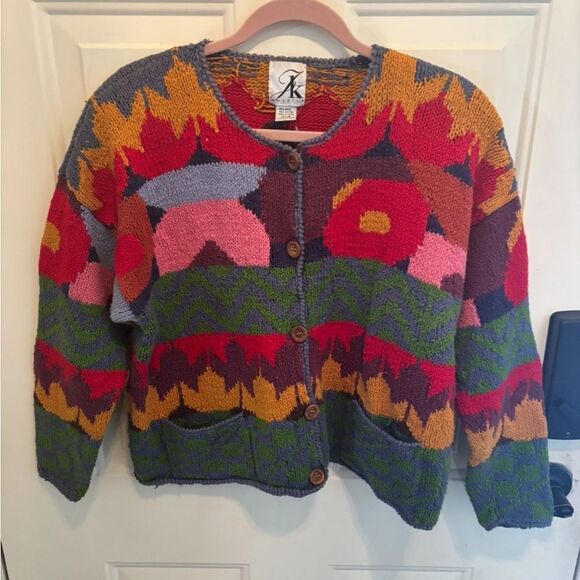 Vintage JK America  Artistic Red and Green Cardigan Sweater - Picture 2 of 6